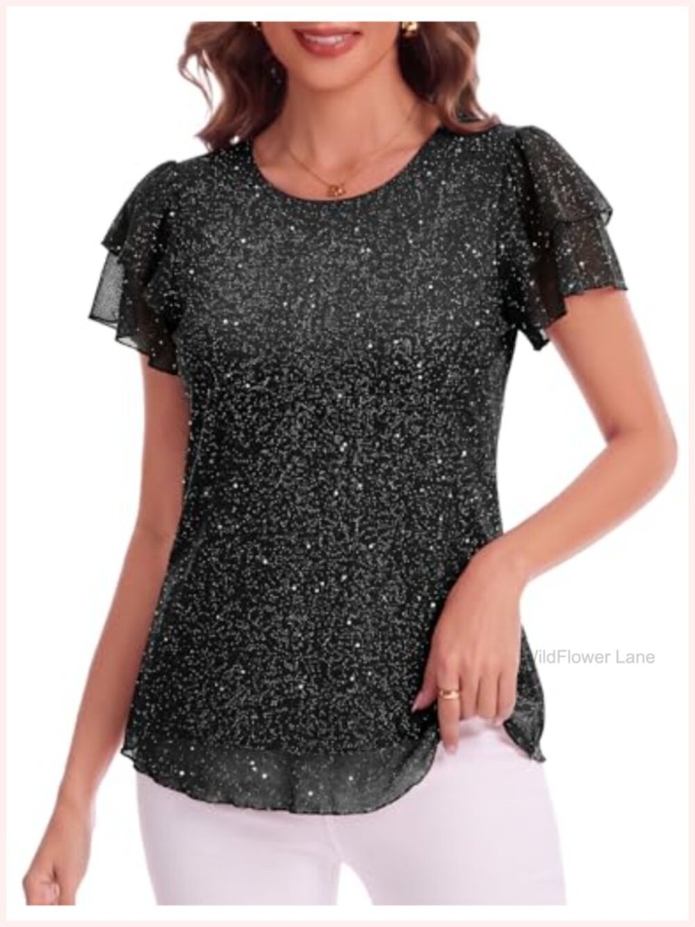 Sequin Sparkly Blouse Double Flutter Sleeve Pullover Wedding Guest Party Top